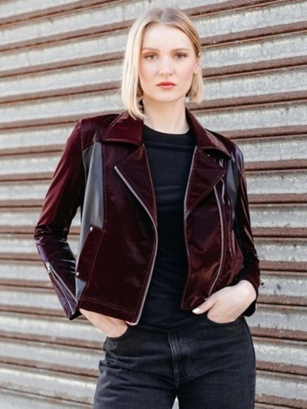 Clara Sunwoo Mulberry Vinyl + Liquid Leather Panel Zip Cuff Jacket Small - Picture 2 of 12